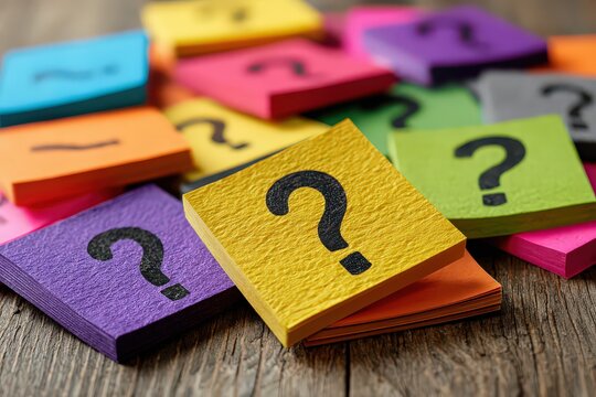 Colorful Stacked Question Mark Note Blocks on a Rustic Wood Surface with Soft Lighting