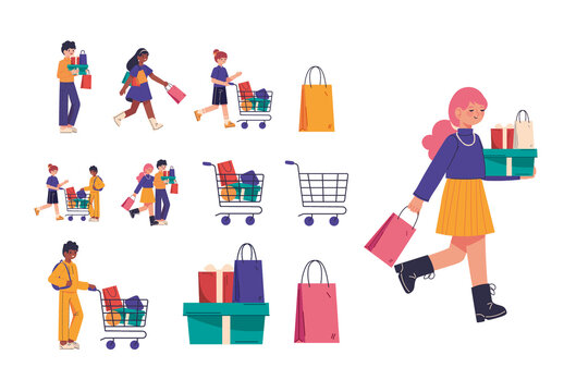 Colorful Shopping Bags People Purchases Illustrations Set