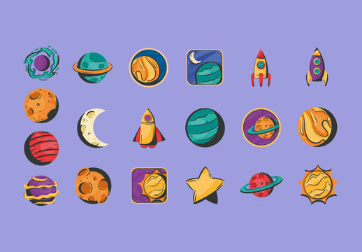 Colorful Space Retro Planet Galaxy Universe Illustration Set