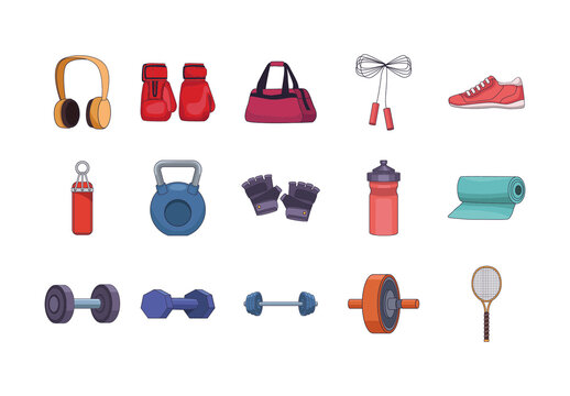 Colorful Sport Equipment Fitness Gym Health Illustrations Set