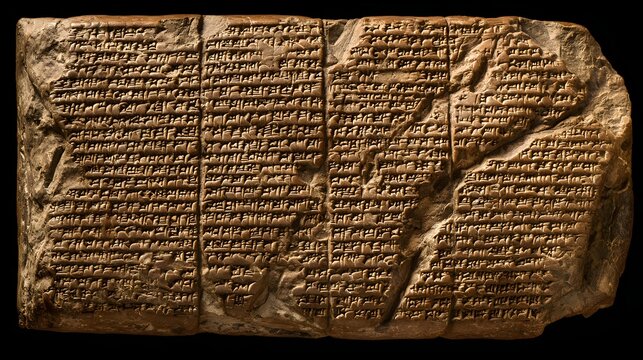 Ancient inscribed clay tablet displays detailed wedge-shaped script against a dark background - Powered by Adobe