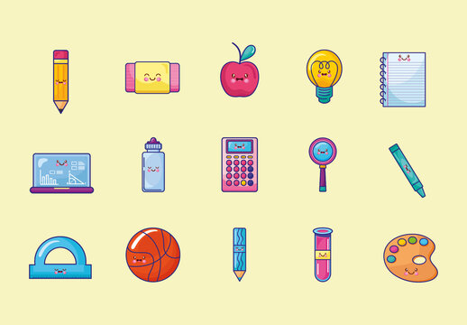 Colorful School Education Supplies Kawaii Illustrations Set