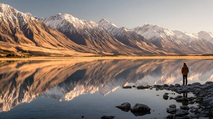 Solitary person observes snowcapped mountain range reflected perfectly in calm water body