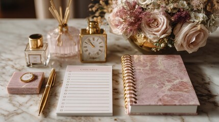 Elegant Workspace with Pink Flowers, Clock, and Stationery Items