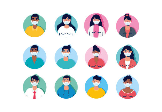 Colorful People Medical Protection Mask Characters Illustrations Set