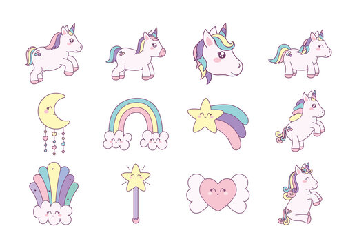 Colorful Unicorn Rainbow Magic Fantasy Kawaii Illustrations Set