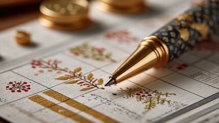 Elegant Gold Pen on Decorative Floral Paper with Coins