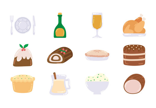 Colorful Christmas Dinner Food Holiday Meal Illustrations Set