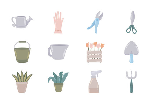 Colorful Gardening Plants Tools Flowers Florist Illustrations Set