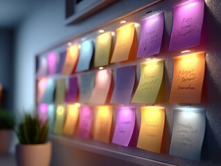 Colorful Sticky Notes on a Wall with Soft Ambient Lighting