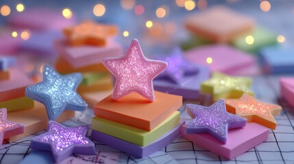 Colorful Glitter Stars on Sticky Notes Creating a Playful Atmosphere