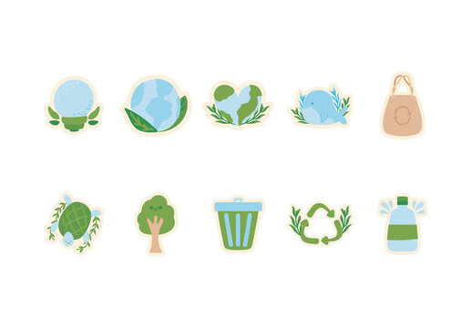 Green And Blue Ecology Earth Nature Conservation Recycling Badges Set