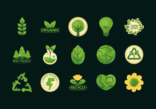 Green And Beige Eco Organic Nature Recycle Illustrations Set