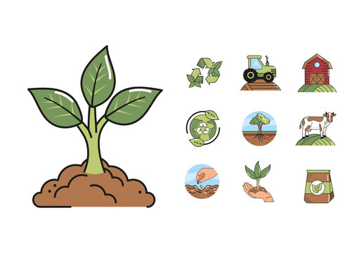 Green And Brown Agriculture Farming Organic Eco Farm Illustrations Set