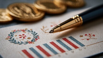 Elegant Pen on Business Card with Floral Elements and Gold Coins