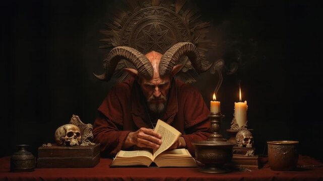 Ancient demon or devil reading mystical tome of a codex by candlelight in dark occult ritual chamber with mysterious artifacts and atmospheric shadows. Demonology studies with a dark book of satanism