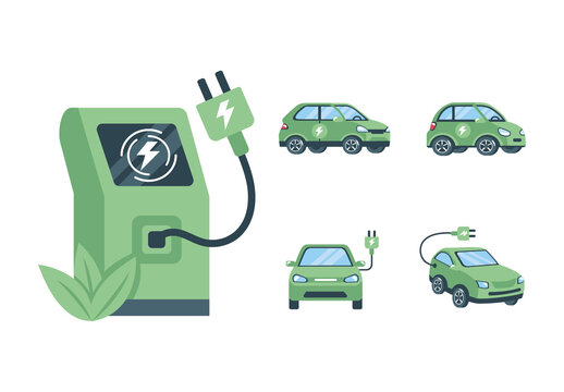 Green Electric Vehicle Eco Energy Transport Illustrations Set