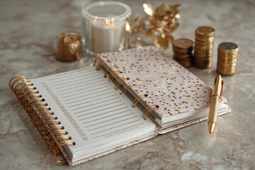 Elegant Notebook on Marble Surface with Candles and Coins