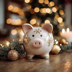 Festive Piggy Bank Surrounded by Decorations and Soft Lights