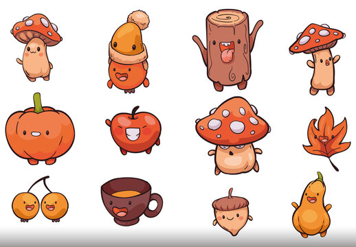 Multicolor Autumn Cute Kawaii Characters Illustrations Set