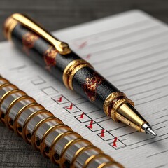 Elegant pen on checklist notebook, planning and organization tool