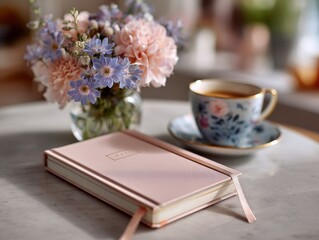 Elegant Workspace with Floral Arrangement and Tea in Beautiful Setting