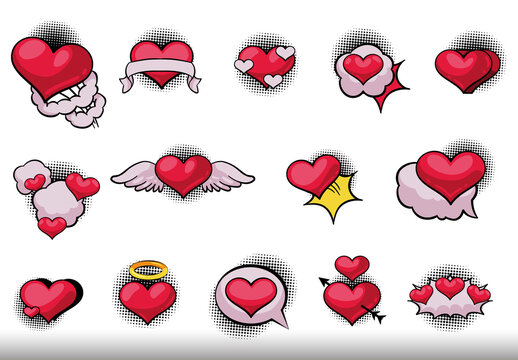 Red And Pink Love Heart Cartoon Comic Pop Art Illustrations Set