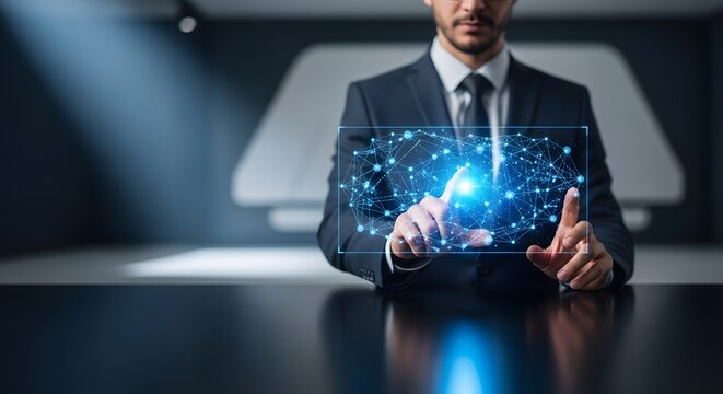Businessman Interacting with Futuristic Digital Network Interface.