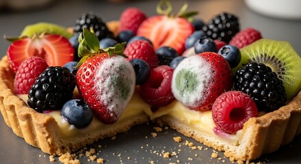 Decomposed mixed berry tart, food contamination and spoilage concepts