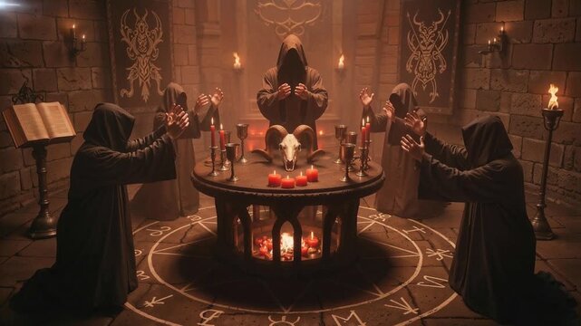Hooded figures performing dark occult ritual around illuminated pentagram altar in candlelit chamber with esoteric symbols and the skull of a goat creating sinister ceremonial atmosphere. Satanic sect