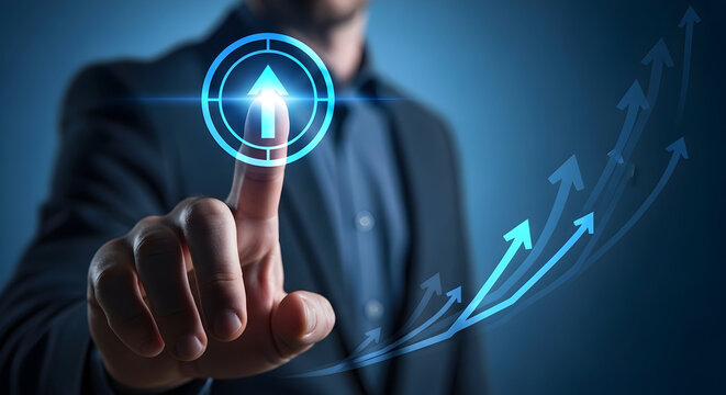 Businessman Touching Futuristic Digital Growth Arrow Icon on Blue Background.
