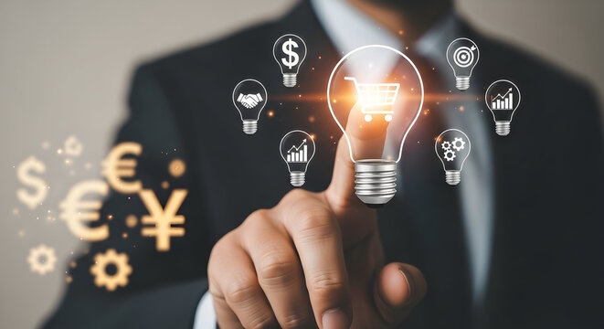 Businessman Touching Glowing Light Bulb with Business Icons and Currency Symbols.