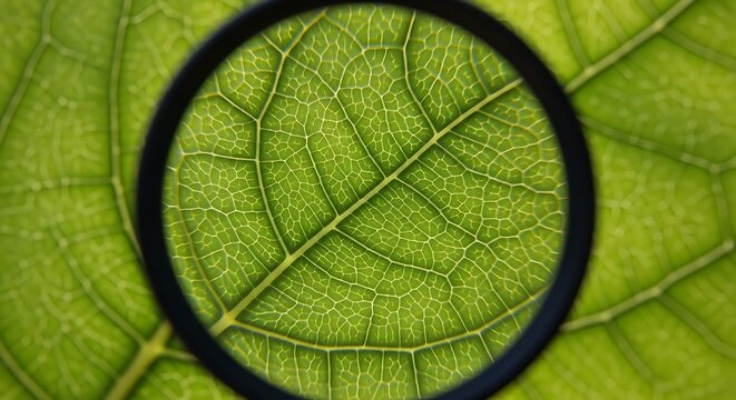 Detailed view of leaf veins under magnifying glass for scientific study