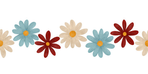 Seamless floral border with simple hand-drawn watercolor flowers. A festive autumn design element in a flat style and pastel colors of red, blue, and beige. Children's pictures. Highlighted, isolated