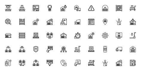 Warehouse icon set. Vector logistics symbols pack. Icludes delivery box, truck shelf, barcode, QR code, canner, trolley and more. hin line editable icons.