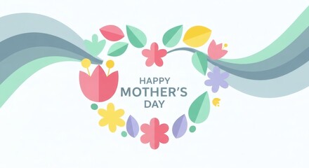Happy Mother's Day Card Design with Floral Heart and Flowing Ribbon Elements