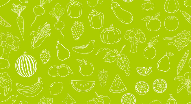 Illustration of a vibrant green background with a white outline pattern of fruits and vegetables