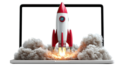 Launchpad Innovation: A modern laptop displaying a rocket launch, symbolizing rapid growth and innovation in the digital realm. A visual representation of business launch and project start.