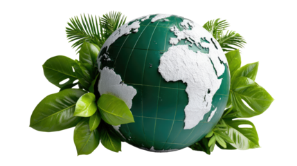 World in Harmony with Nature: A symbolic representation of the Earth enveloped by vibrant green leaves, expressing the harmonious relationship between our planet and the natural world.