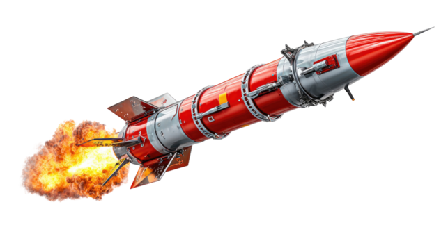 Rocket Ascent: An eye-level shot captures a vibrant rocket soaring skyward, its fiery exhaust illuminating the scene, symbolizing innovation, exploration, and the relentless pursuit of progress.