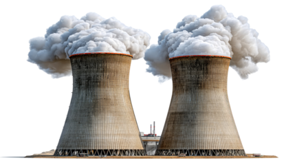 Nuclear Power Plant: Towering industrial structures belch plumes of smoke, representing energy production and the complexities of environmental impact.