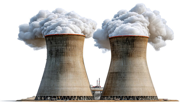 Nuclear Power Plant: Towering industrial structures belch plumes of smoke, representing energy production and the complexities of environmental impact.