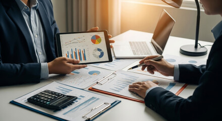 professionals review chart and graph report on tablet and paper during meeting showing growth concern and strategic planning