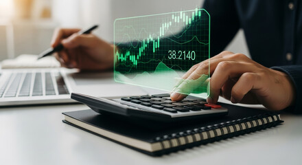 accountant using calculator and laptop analyzing financial report and tax data with budget chart overlay showing growth and focused work mood