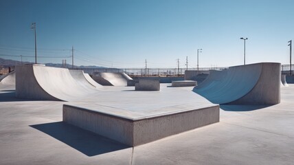 Skate park under clear blue sky. AI image