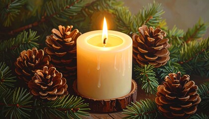 Candle and pine cones still life
