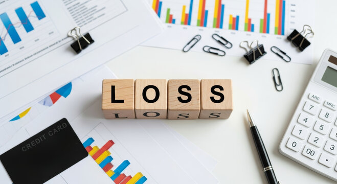Loss budget finance report analysist tax financial accounting concept with wooden blocks spelling loss on desk surrounded by charts calculator pen and credit card conveying concern and focus - Powered by Adobe