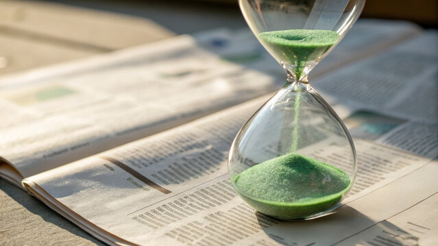 Green sand hourglass time finance plan goals wealth creation business timer on newspaper showing passing moments and investment planning