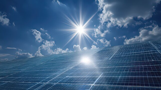 Futuristic Landscape with Abstract Blue Glowing Geometric Structure Against a Sunny Blue Sky with Clouds Digital Art