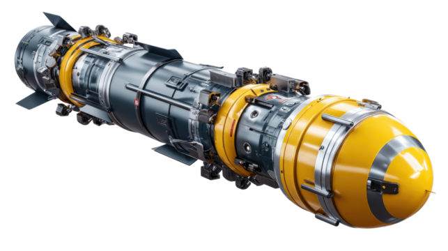 Modern Underwater Military Technology: A detailed, high-tech depiction of a state-of-the-art torpedo, featuring intricate mechanical components and powerful propulsion systems.